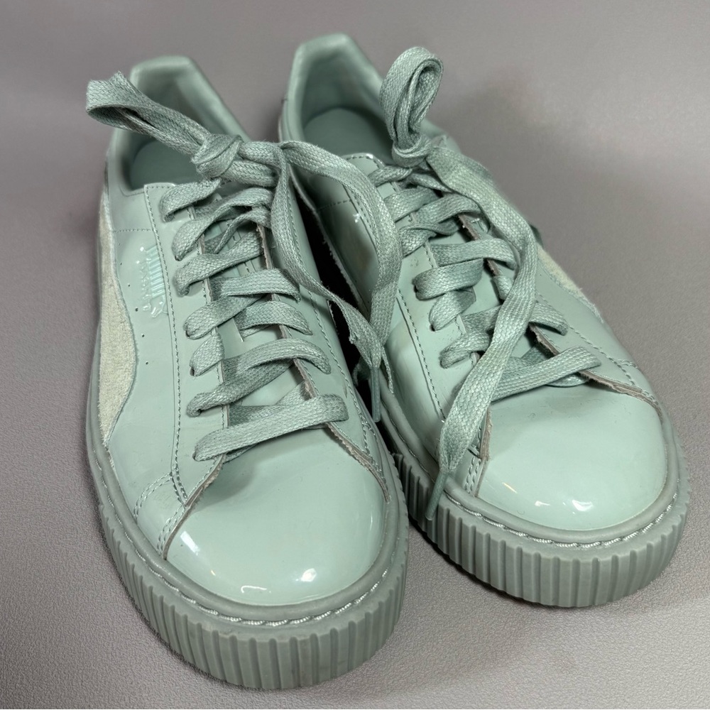 Puma Basket Mint Green Patent Leather Platform Sneakers - Picture 4 of 9